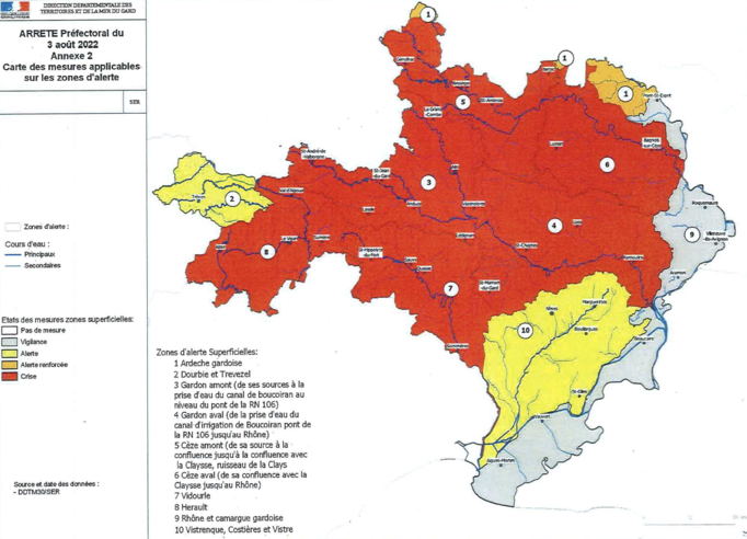 Carte des mesures applicables sur les zones d'alerte