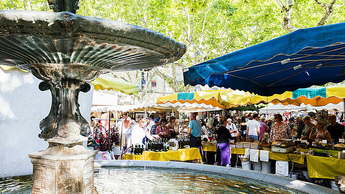 Sur la photo, la fontaine de la place aux herbes est au premier plan. En arrière plan, sont exposés les étals du marché des producteurs du mercredi